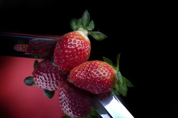 Close up view of nice fresh strawberry on black back — Stock Photo, Image