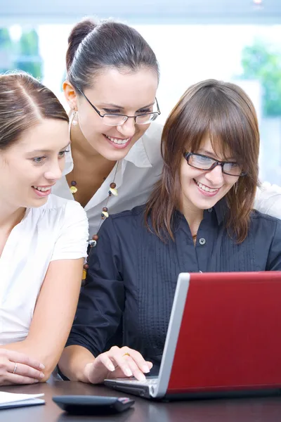 Portrait of young pretty women discussing project in office environment — Stock Photo, Image