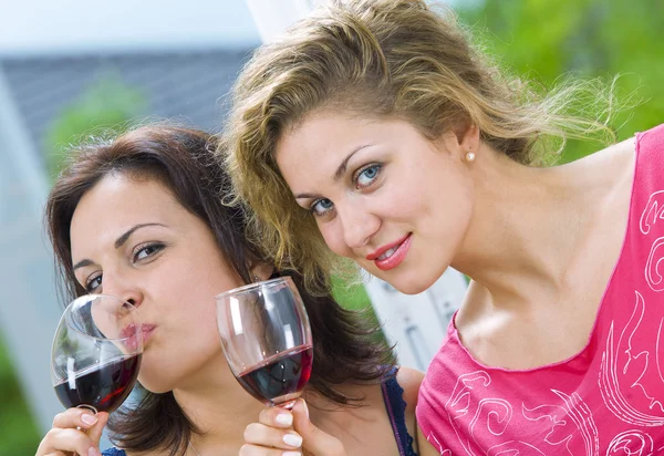 Portrait of two young attractive girls having good time — Stock Photo, Image