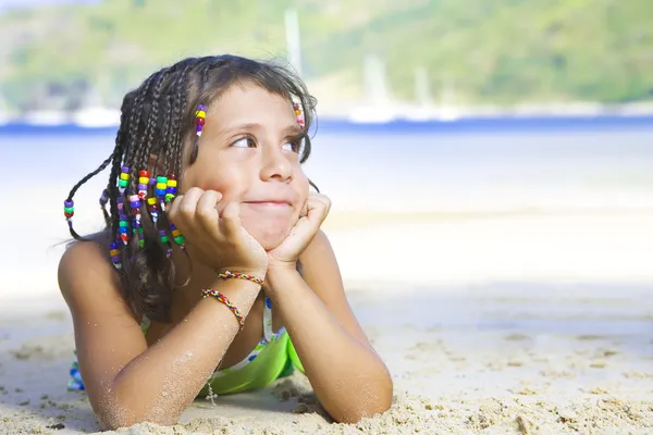 Portrait of little girl having good time in summer environment — Stock Photo, Image