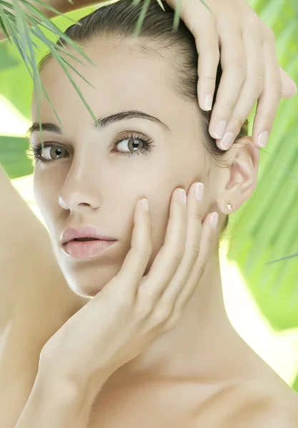 Portrait de jeune belle femme sur les feuilles vertes retour — Photo