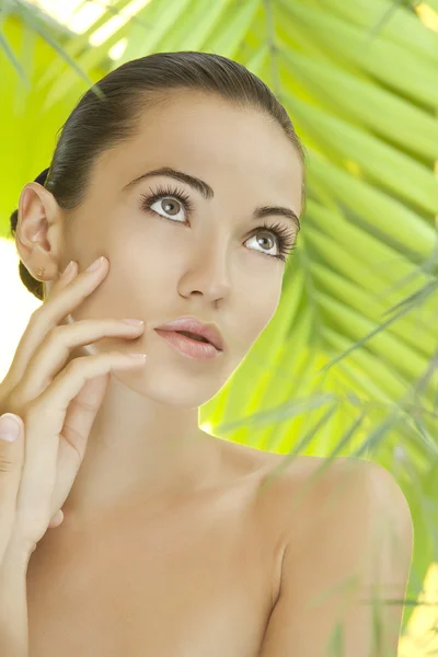 Portrait of young beautiful woman on green leafs back — Stock Photo, Image