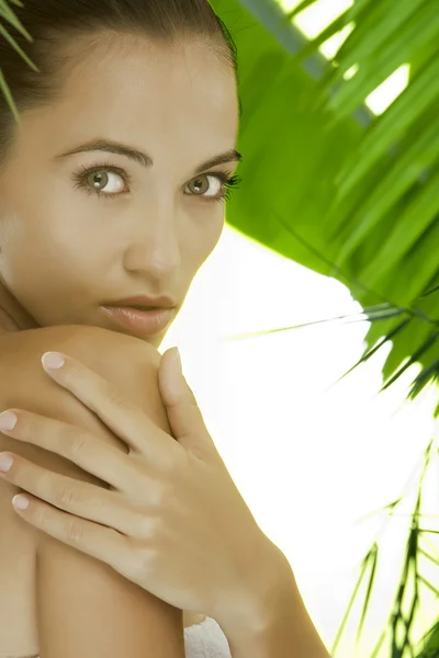 Portrait of young beautiful woman on green leafs back — Stock Photo, Image