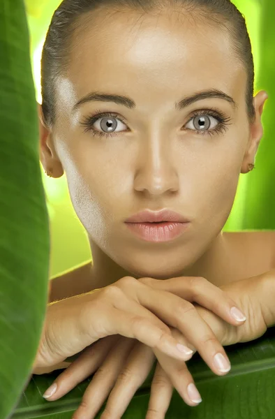 Portrait of young beautiful woman on green leafs back — Stock Photo, Image
