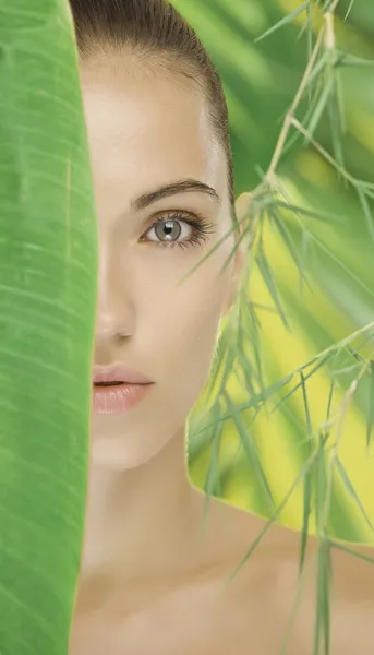 Portrait of young beautiful woman on green leafs back — Stock Photo, Image