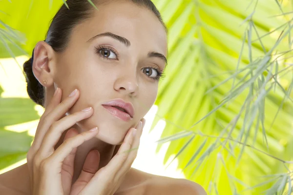 Portret van jonge mooie vrouw op groene bladeren terug — Stockfoto