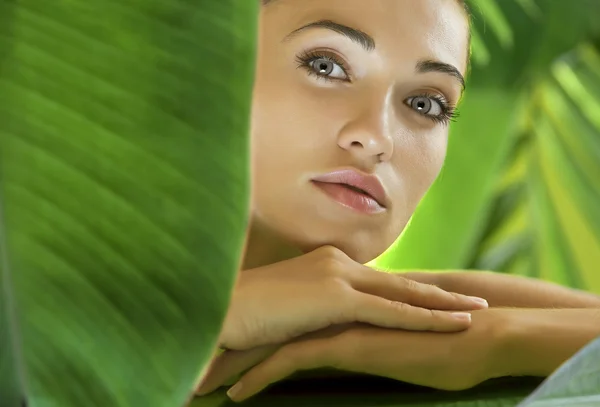 Portrait of young beautiful woman on green leafs back — Stock Photo, Image