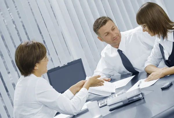 Portrait of young business discussing project in office environment — Stock Photo, Image