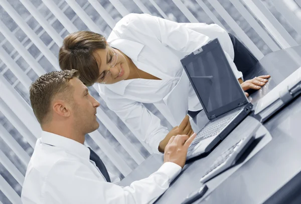 Portrait of young business discussing project in office environment — Stock Photo, Image