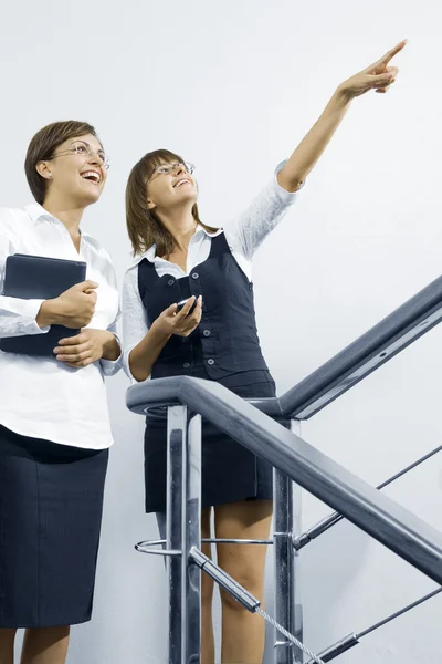 Retrato de mujeres guapas jóvenes conversando en un ambiente de oficina — Foto de Stock