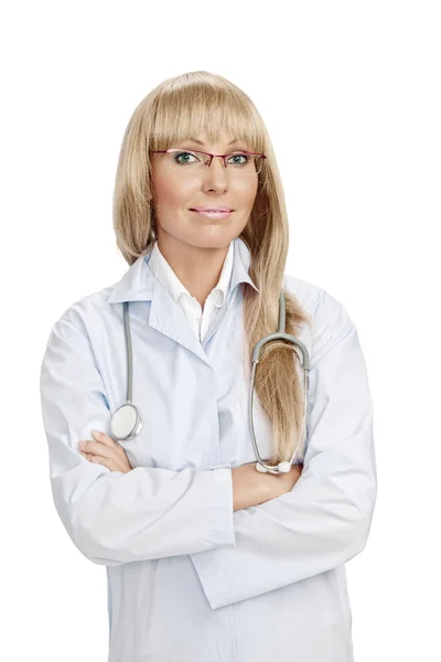 Portret van mooie arts op witte achterzijde — Stockfoto