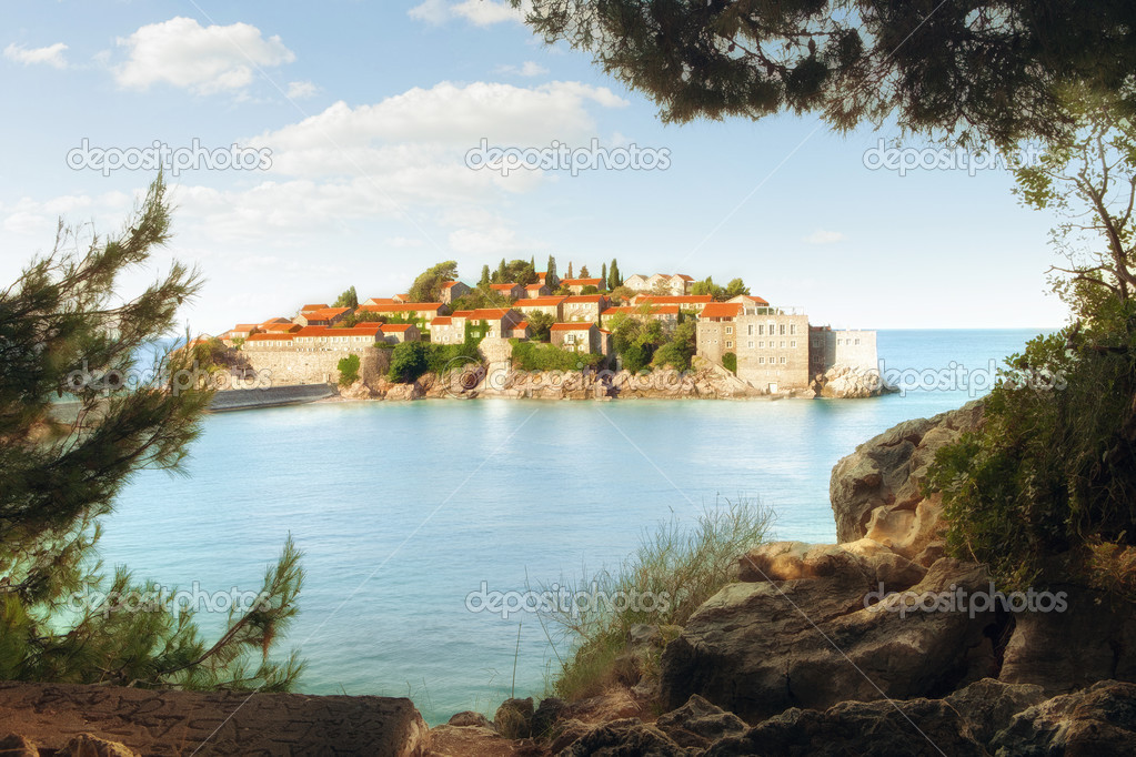 Panoramic view of nice antique island with convent on it