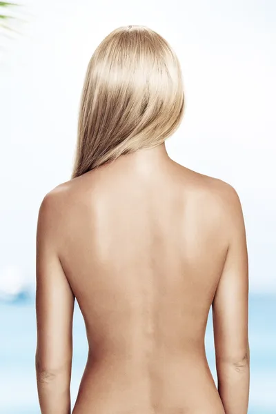 View of nice young wonam back on white back — Stock Photo, Image