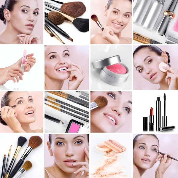 Make-up mix cosmetische thema collage samengesteld uit verschillende afbeeldingen — Stockfoto