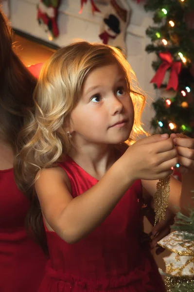 Close Portrait Little Girl Decorating Christmas Tree — Stock Photo, Image