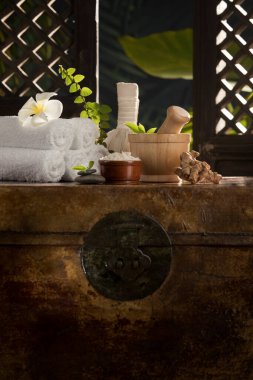 Renkli tropik palmiye yaprakları üzerindeki spa temalı nesnelerin görünümü