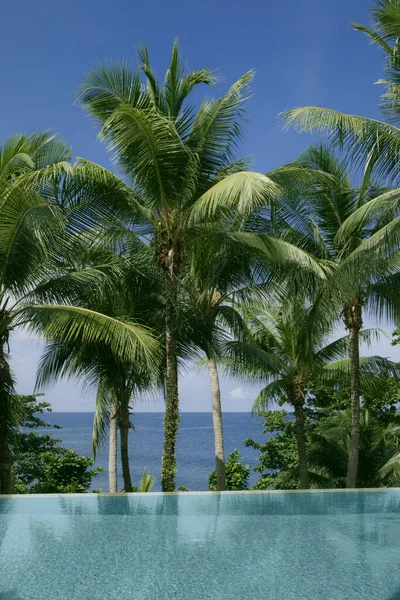 Arkasında Berrak Mavi Tropik Plaj Olan Güzel Sonsuzluk Havuzu Manzarası — Stok fotoğraf