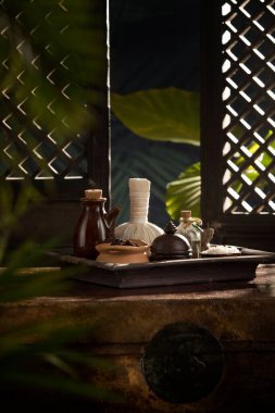 view of spa theme objects on tropic color back 