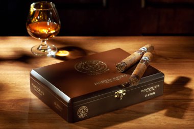 Bangkok, Thailand April 2022: Photo of a box of cigars Montecristo, Habana Cuba . Montecristo is a brand of premium cigar, produced in Cuba for Habanos S.A. 
