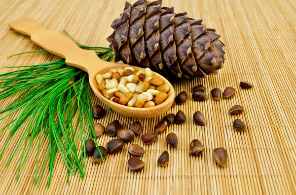 Nueces y cono de cedro en una estera de bambú — Foto de Stock