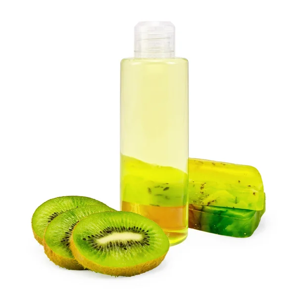 Shower gel and soap and kiwi — Stock Photo, Image