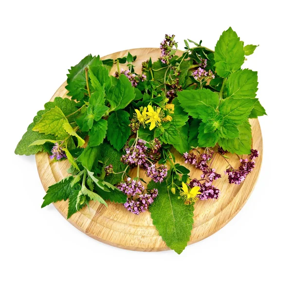 Herbs on a round board — Stock Photo, Image