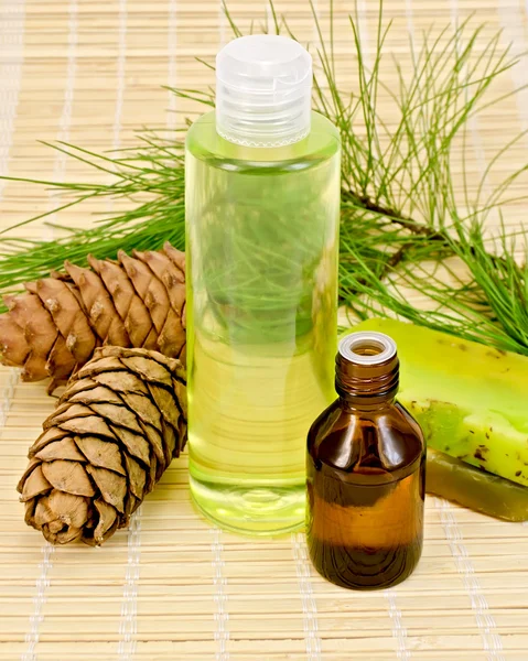 Oil and shower gel with cedar cones — Stock Photo, Image