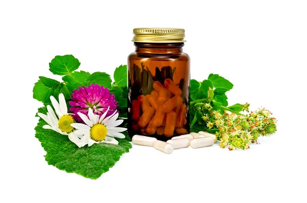 Capsules in a brown sealed jars with herbs — Stock Photo, Image