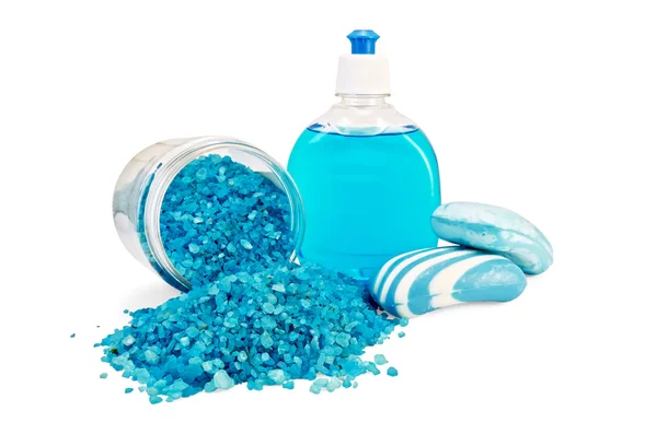 Sabão azul diferente com sais de banho no frasco — Fotografia de Stock