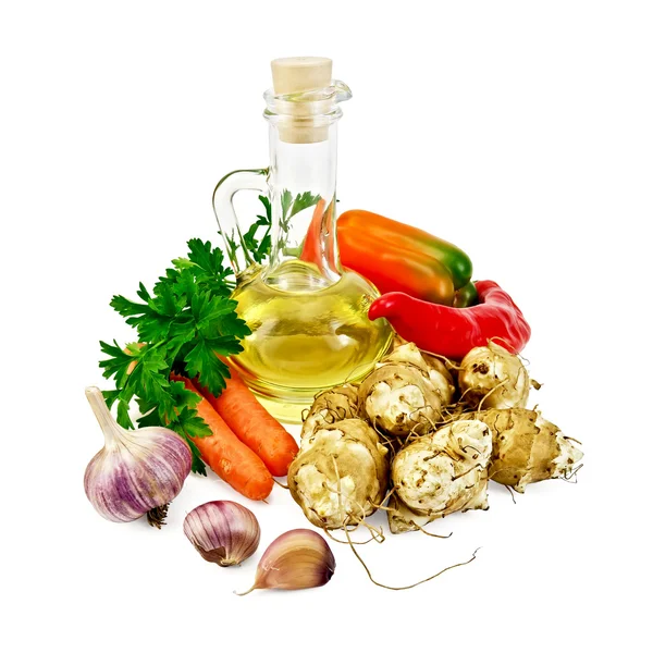 Jerusalem artichokes with vegetables and oil — Stock Photo, Image