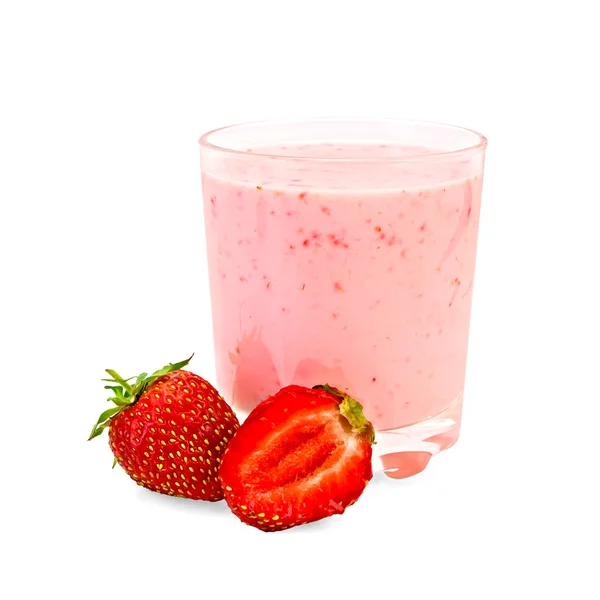 Milk shake with whole strawberries and cut — Stock Photo, Image