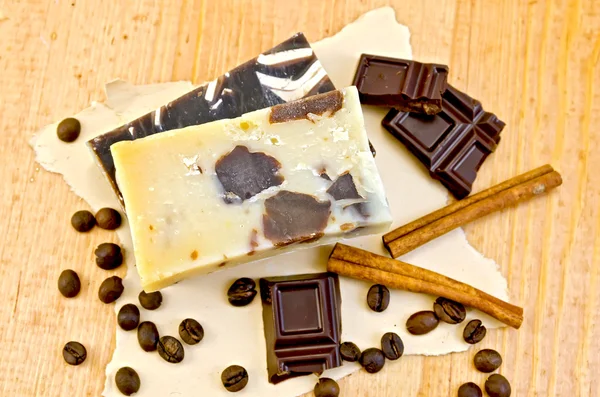 Soap homemade with chocolate and coffee on paper — Stock Photo, Image