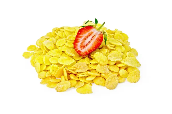Cornflakes mit halber Erdbeere — Stockfoto