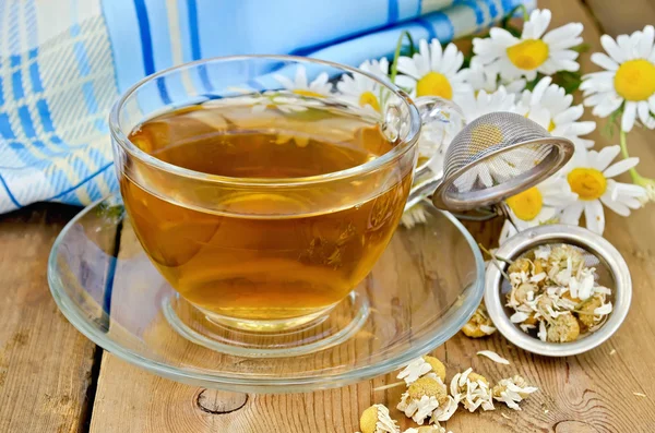 Herbaty ziołowe rumianek z sitkiem i filiżance szkła — Zdjęcie stockowe