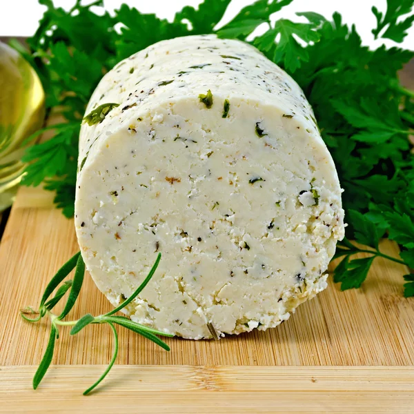 Cheese homemade with spices on board — Stock Photo, Image