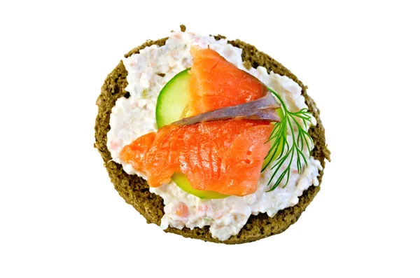 Sandwich with salmon and cream on top — Stock Photo, Image