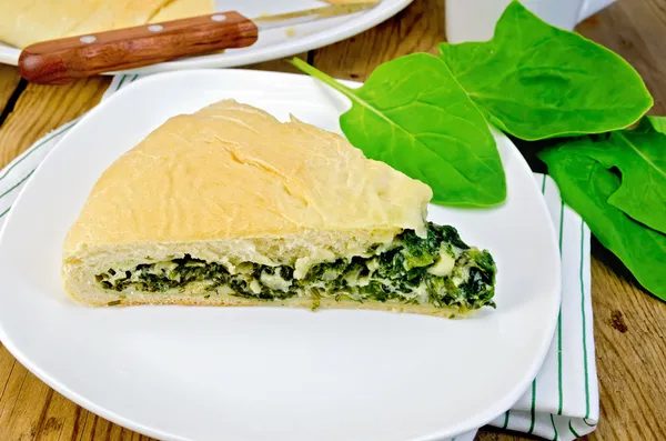 Torta com espinafre e queijo no tabuleiro com folhas — Fotografia de Stock