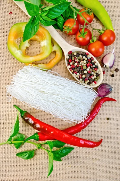 Noodles rice white with a variety peppers — Stock Photo, Image