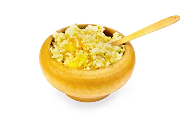 Porridge millet with pumpkin in a wooden bowl with spoon — Stock Photo, Image