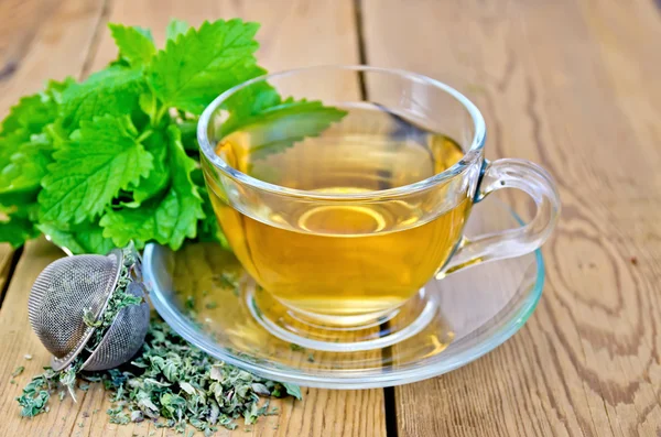 Травяной чай с мелиссой в чашке и фильтр — стоковое фото