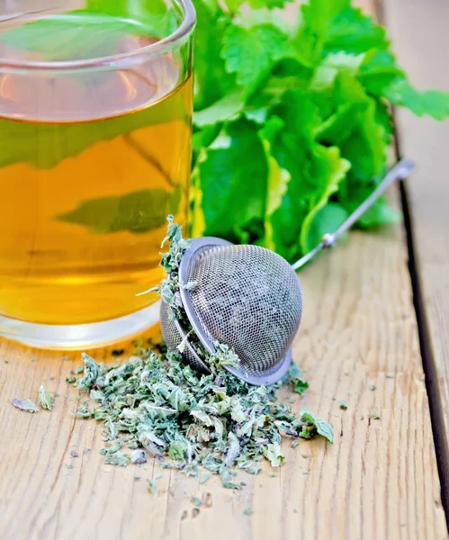 Herbal tea with mint in a mug and strainer — Stock Photo, Image