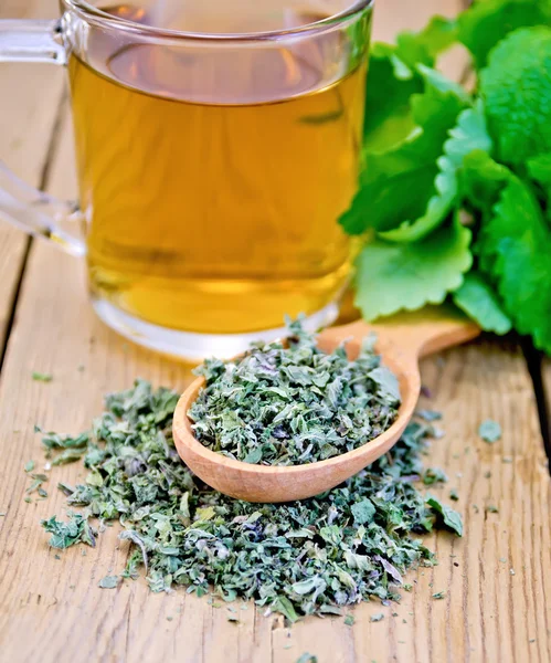 Herbal tea of mint leaves on spoon with mug — Stock Photo, Image