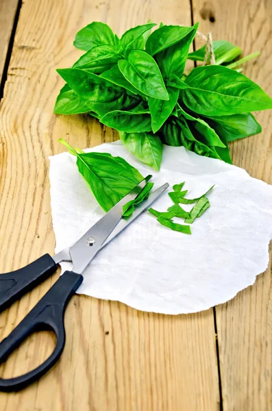 Basil green with scissors on board — Stock Photo, Image