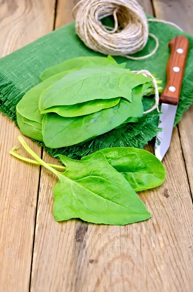 Spinach on board with knife and napkin — Stock Photo, Image