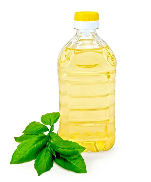 Vegetable oil in a bottle with basil — Stock Photo, Image