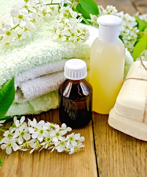 Aceite con loción y cereza pájaro a bordo —  Fotos de Stock