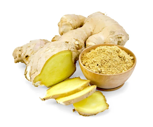 Ginger powder in wooden bowl with root — Stock Photo, Image