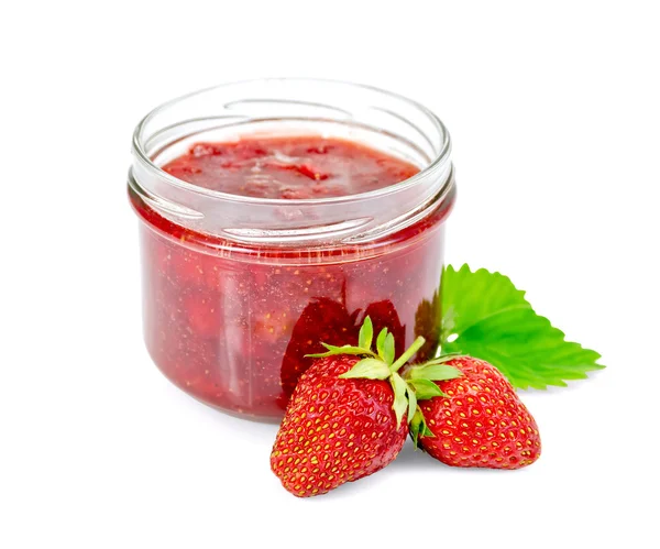 Jam of strawberry with berries and leaf — Stock Photo, Image