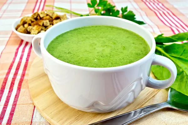 Soup puree with spinach on fabric — Stock Photo, Image