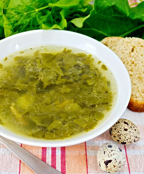 Soup of greenery on fabric with bread — Stock Photo, Image